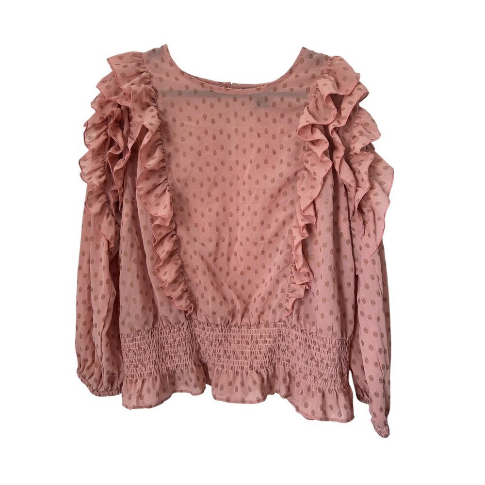 Ashley Stewart Top Women 18/20 Peach Gold Polka Dot Ruffled Smocked Waist Blouse